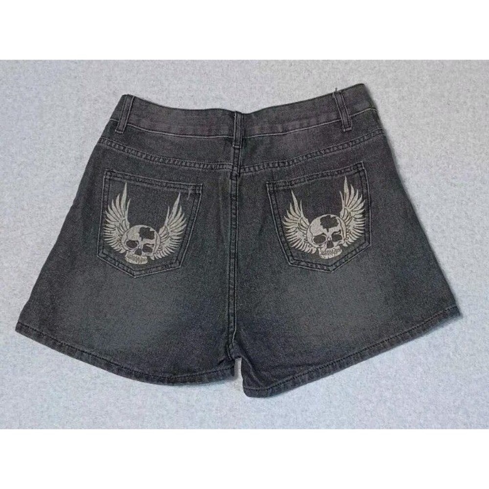 Romwe Fairycore Skull & Wings Denim Shorts Womens M Black Dark Wash Grunge Goth